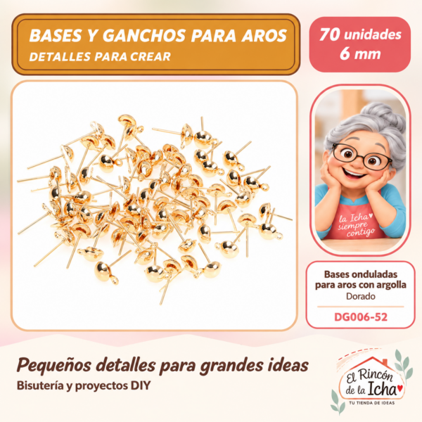 DG006-52 Bases onduladas para aros con argolla – Dorado – 6 mm – 70 unidades