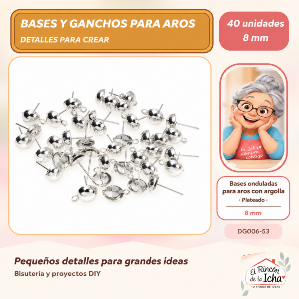 DG006-53 Bases onduladas para aros con argolla – Plateado – 8 mm – 40 unidades