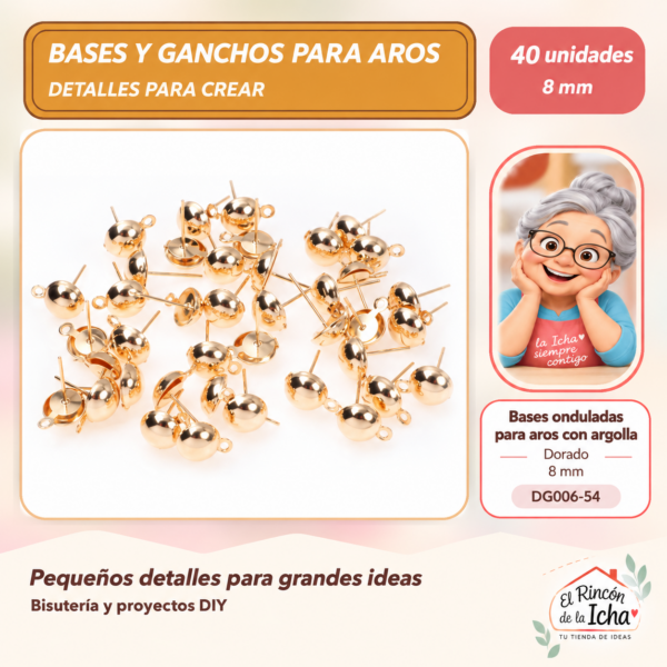 DG006-54 Bases onduladas para aros con argolla – Dorado – 8 mm – 40 unidades