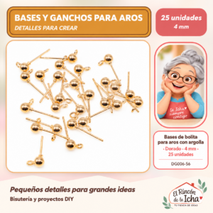 DG006-56 Bases de bolita para aros con argolla – Dorado – 4 mm – 25 unidades