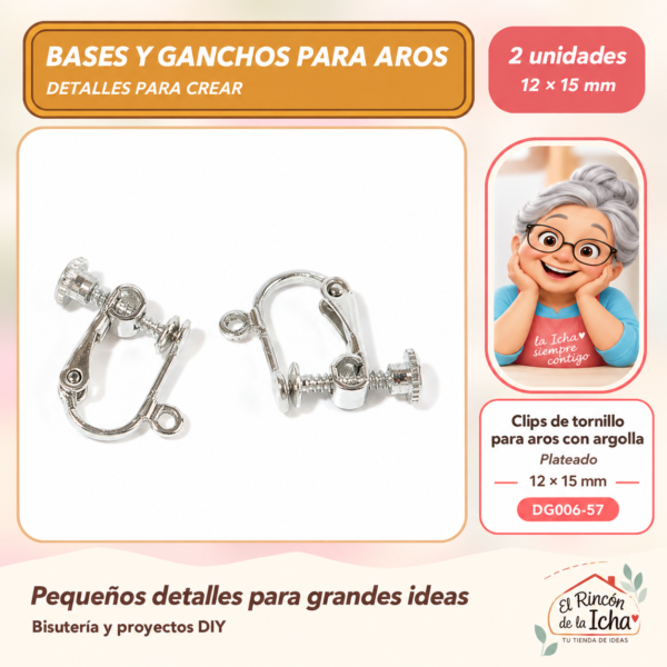 DG006-57 Clips de tornillo para aros con argolla – Plateado – 12 × 15 mm – 2 unidades