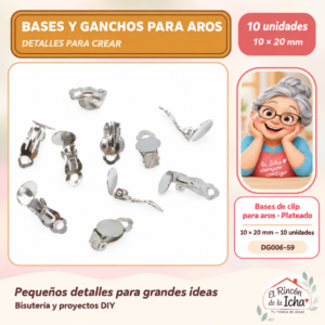 DG006-59 Bases de clip para aros – Plateado – 10 × 20 mm – 10 unidades