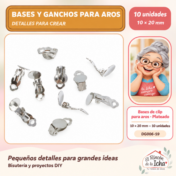 DG006-59 Bases de clip para aros – Plateado – 10 × 20 mm – 10 unidades