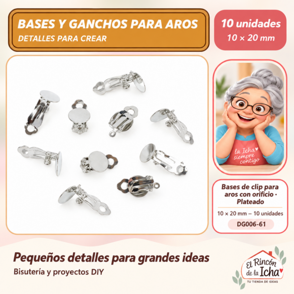 DG006-61 Bases de clip para aros con orificio – Plateado – 10 × 20 mm – 10 unidades