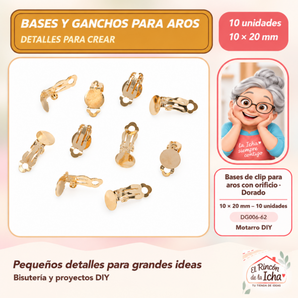 DG006-62 Bases de clip para aros con orificio – Dorado – 10 × 20 mm – 10 unidades