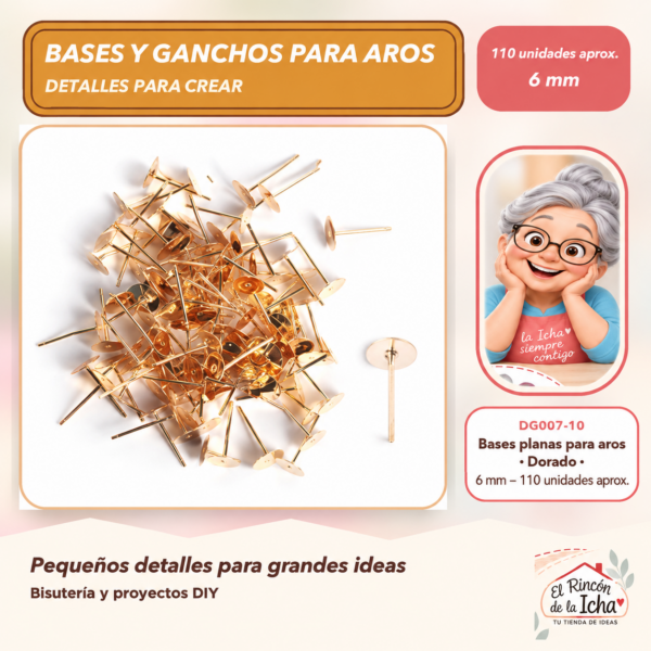 DG007-10 Bases planas para aros – Dorado – 6 mm – 110 unidades aprox.
