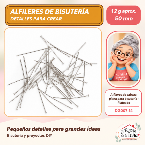 DG007-14 Alfileres de cabeza plana para bisutería – Plateado – 50 mm – 12 g aprox.