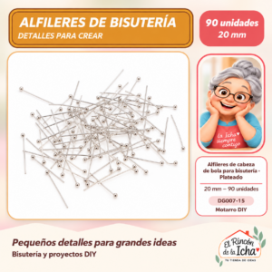 DG007-15 Alfileres de cabeza de bola para bisutería – Plateado – 20 mm – 90 unidades