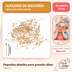 DG007-16 Alfileres de cabeza de bola para bisutería – Dorado – 20 mm – 90 unidades