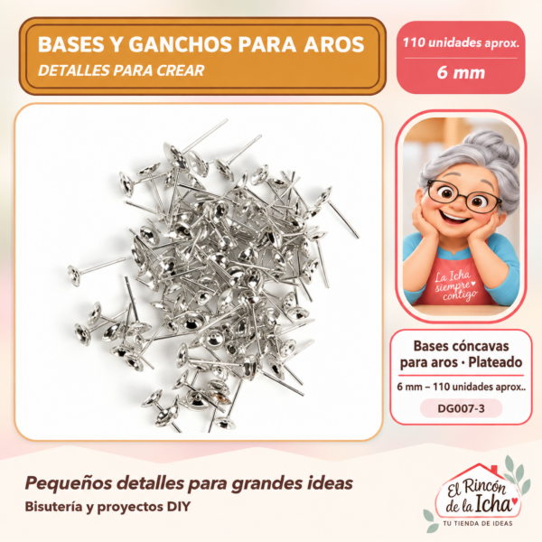 DG007-3 Bases cóncavas para aros – Plateado – 6 mm – 110 unidades aprox.