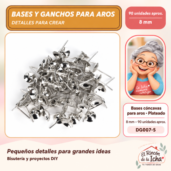 DG007-5 Bases cóncavas para aros – Plateado – 8 mm – 90 unidades aprox.