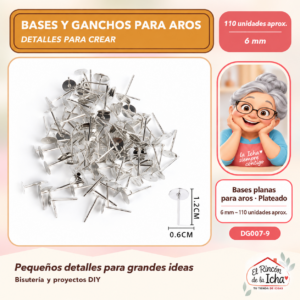 DG007-9 Bases planas para aros – Plateado – 6 mm – 110 unidades aprox.