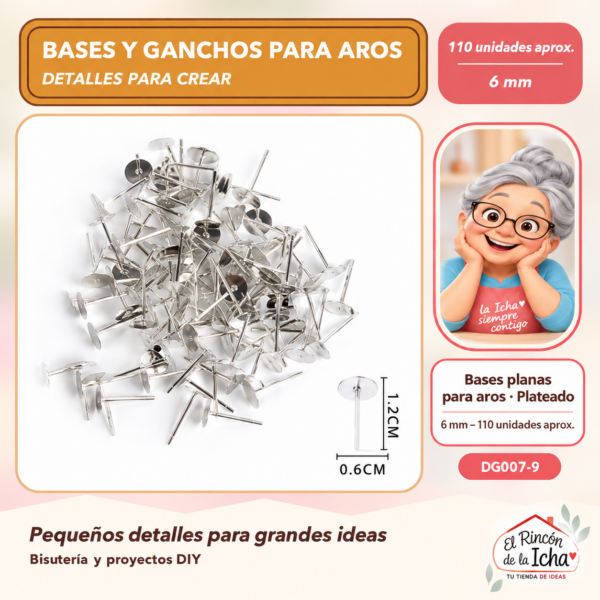 DG007-9 Bases planas para aros – Plateado – 6 mm – 110 unidades aprox.