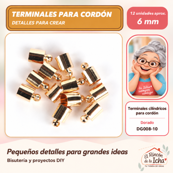DG008-10 Terminales cilíndricos para cordón – Dorado – 6 mm – 12 unidades aprox.