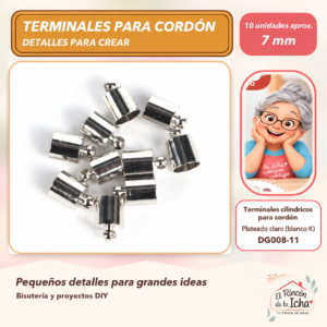 DG008-11 Terminales cilíndricos para cordón – Plateado claro (blanco K) – 7 mm – 10 unidades aprox.