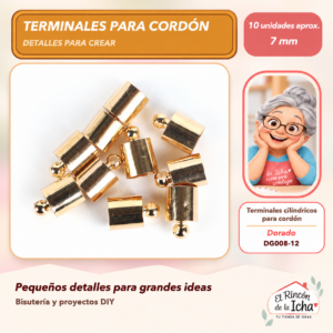 DG008-12 Terminales cilíndricos para cordón – Dorado – 7 mm – 10 unidades aprox.