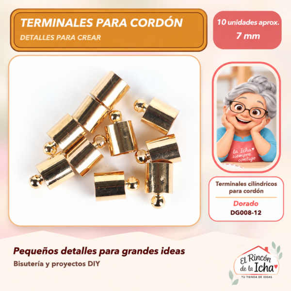 DG008-12 Terminales cilíndricos para cordón – Dorado – 7 mm – 10 unidades aprox.