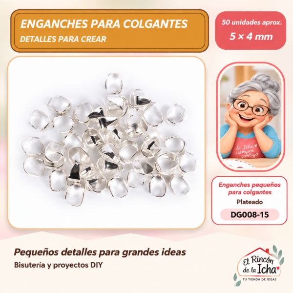 DG008-15 Enganches pequeños para colgantes – Plateado – 5 × 4 mm – 50 unidades aprox.