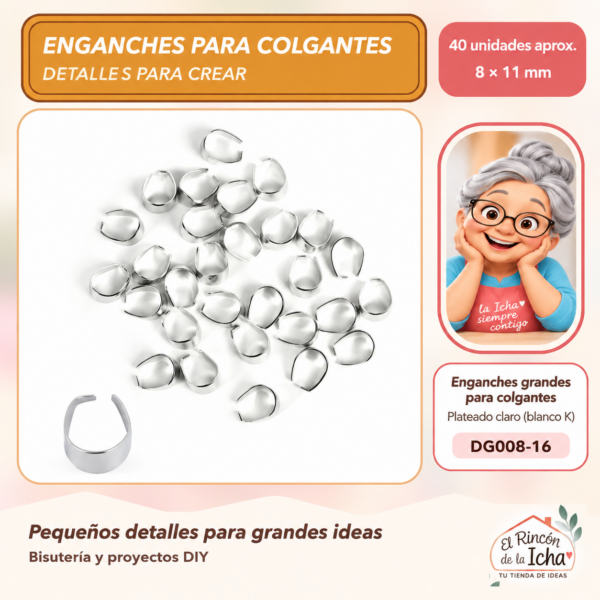 DG008-16 Enganches grandes para colgantes – Plateado claro (blanco K) – 8 × 11 mm – 40 unidades aprox.