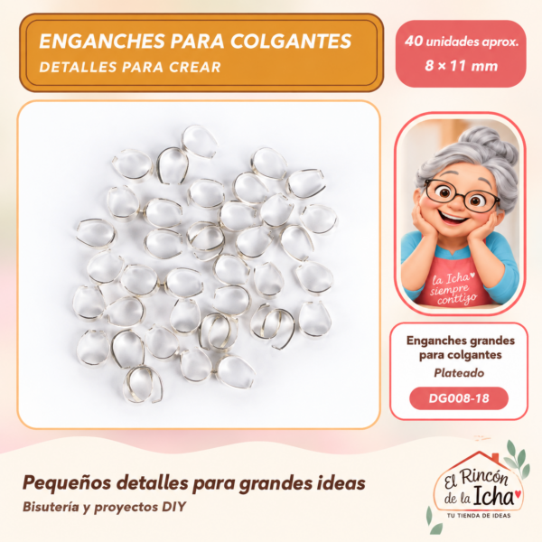 DG008-18 Enganches grandes para colgantes – Plateado – 8 × 11 mm – 40 unidades aprox.