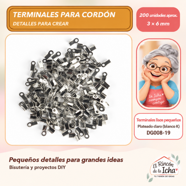DG008-19 Terminales lisos pequeños – Plateado claro (blanco K) – 3 × 6 mm – 200 unidades aprox.