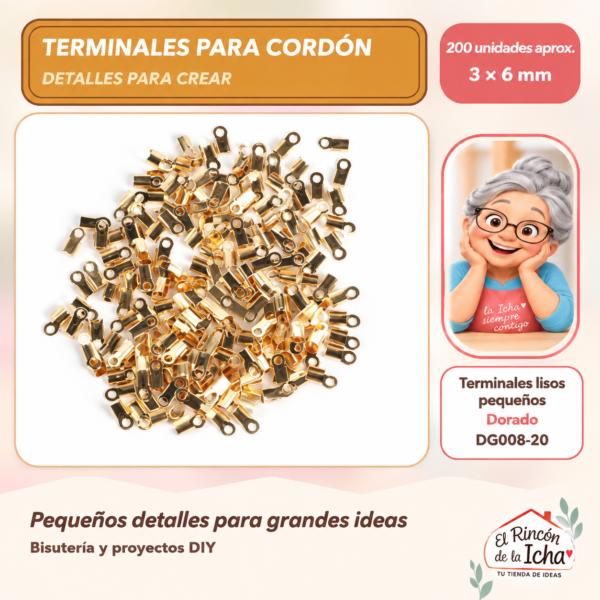 DG008-20 Terminales lisos pequeños – Dorado – 3 × 6 mm – 200 unidades aprox.