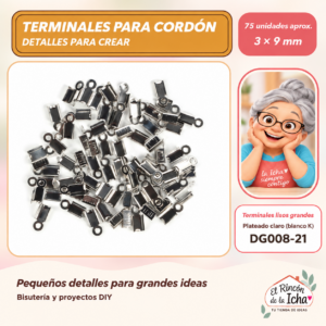 DG008-21 Terminales lisos grandes – Plateado claro (blanco K) – 3 × 9 mm – 75 unidades aprox.