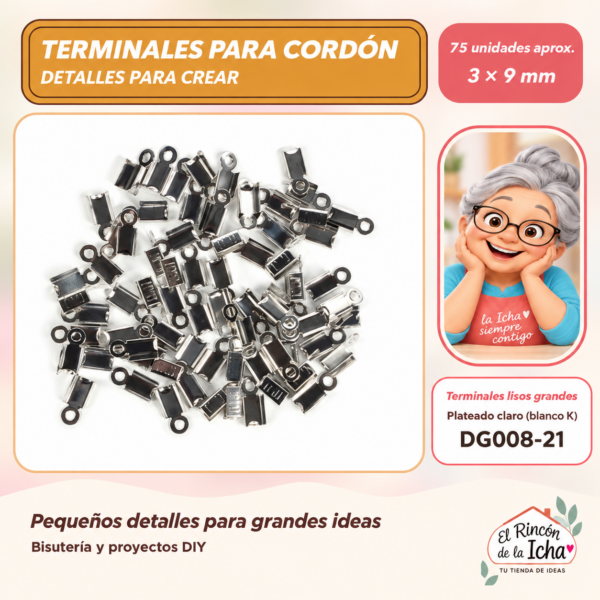DG008-21 Terminales lisos grandes – Plateado claro (blanco K) – 3 × 9 mm – 75 unidades aprox.