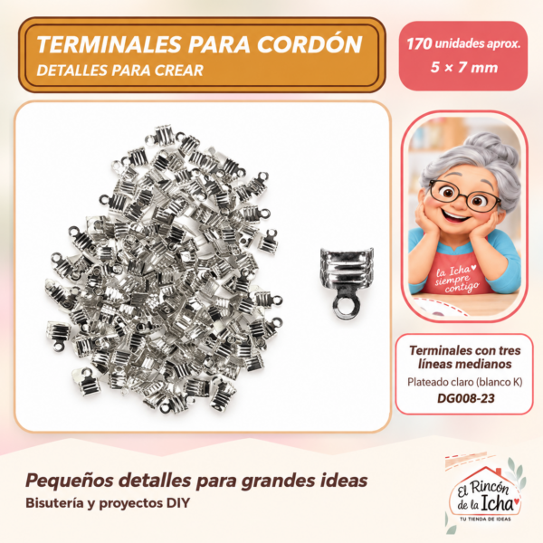 DG008-23 Terminales con tres líneas medianos – Plateado claro (blanco K) – 5 × 7 mm – 170 unidades aprox.