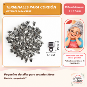 DG008-25 Terminales con tres líneas grandes – Plateado claro (blanco K) – 7 × 11 mm – 150 unidades aprox.