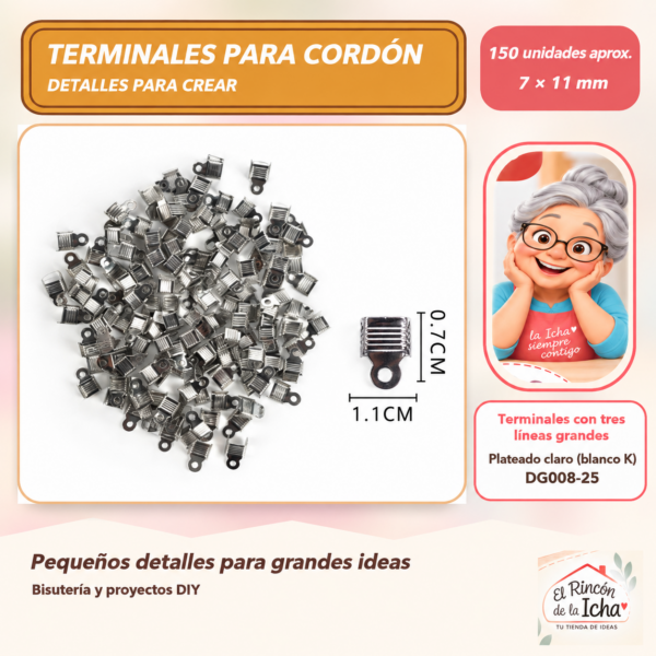 DG008-25 Terminales con tres líneas grandes – Plateado claro (blanco K) – 7 × 11 mm – 150 unidades aprox.