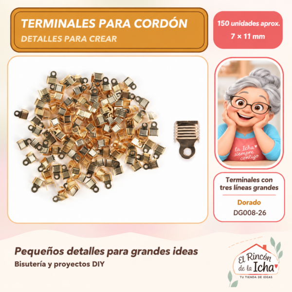 DG008-26 Terminales con tres líneas grandes – Dorado – 7 × 11 mm – 150 unidades aprox.