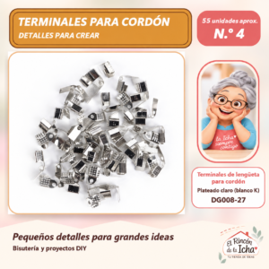DG008-27 Terminales de lengüeta para cordón – Plateado claro (blanco K) – Modelo N.º 4 – 55 unidades aprox.