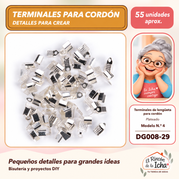 DG008-29 Terminales de lengüeta para cordón – Plateado – Modelo N.º 4 – 55 unidades aprox.