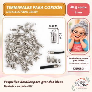 DG008-3 Terminales de resorte para cordón – Plateado claro (blanco K) – 4 mm – 30 g aprox.