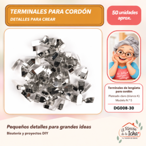 DG008-30 Terminales de lengüeta para cordón – Plateado claro (blanco K) – Modelo N.º 5 – 50 unidades aprox.