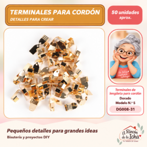 DG008-31 Terminales de lengüeta para cordón – Dorado – Modelo N.º 5 – 50 unidades aprox.