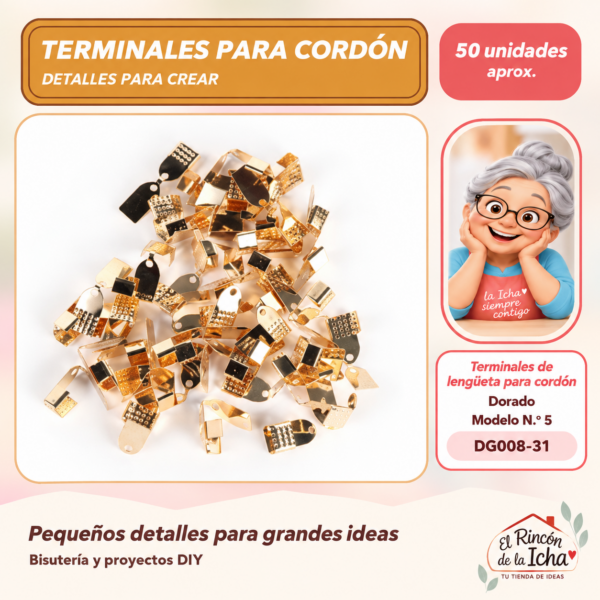 DG008-31 Terminales de lengüeta para cordón – Dorado – Modelo N.º 5 – 50 unidades aprox.