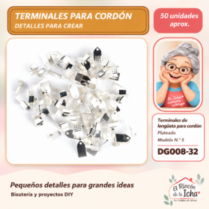 DG008-32 Terminales de lengüeta para cordón – Plateado – Modelo N.º 5 – 50 unidades aprox.