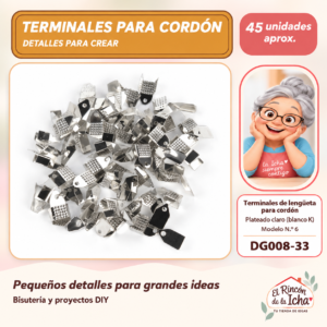 DG008-33 Terminales de lengüeta para cordón – Plateado claro (blanco K) – Modelo N.º 6 – 45 unidades aprox.