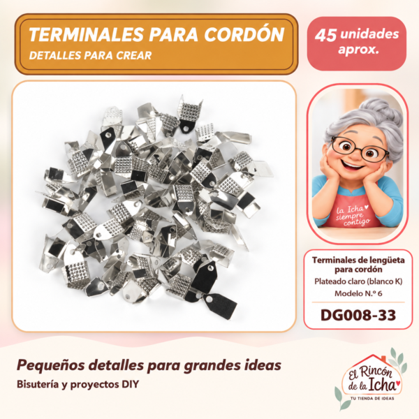 DG008-33 Terminales de lengüeta para cordón – Plateado claro (blanco K) – Modelo N.º 6 – 45 unidades aprox.