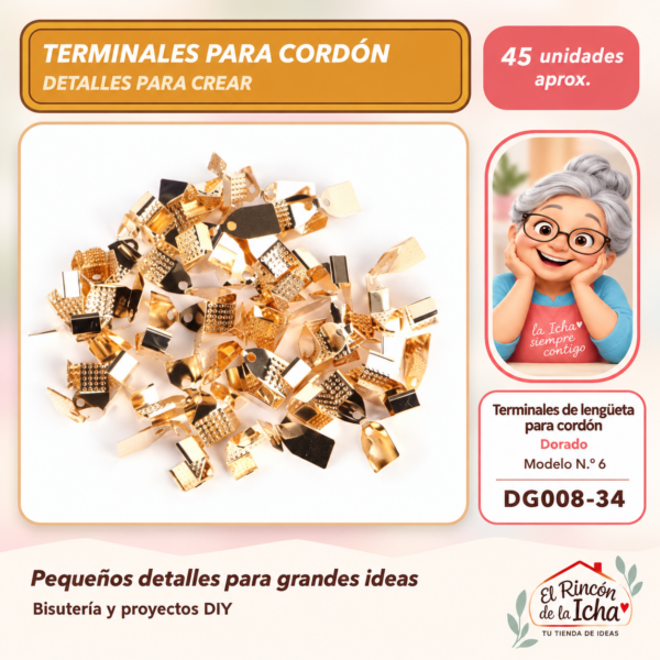 DG008-34 Terminales de lengüeta para cordón – Dorado – Modelo N.º 6 – 45 unidades aprox.