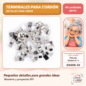 DG008-35 Terminales de lengüeta para cordón – Plateado – Modelo N.º 6 – 45 unidades aprox.