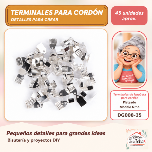 DG008-35 Terminales de lengüeta para cordón – Plateado – Modelo N.º 6 – 45 unidades aprox.
