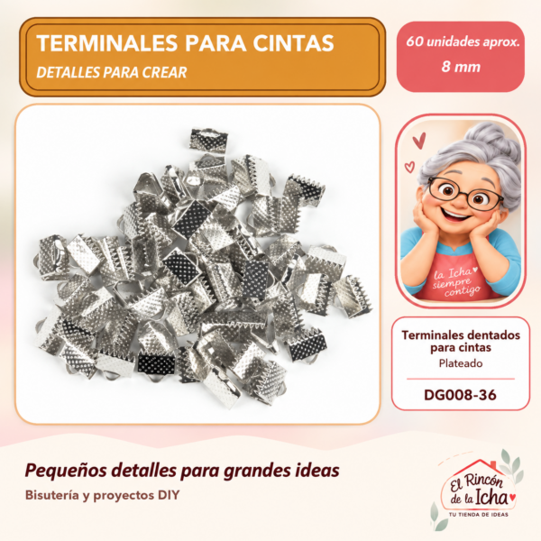 DG008-36 Terminales dentados para cintas – Plateado – 8 mm – 60 unidades aprox.