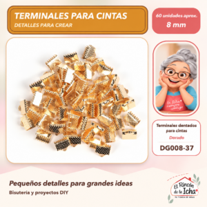 Terminales dentados para cintas – Dorado – 8 mm – 60 unidades aprox.