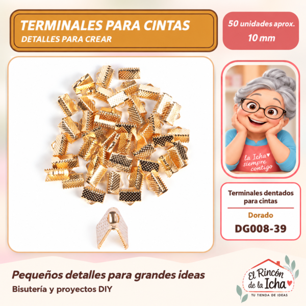 DG008-39 Terminales dentados para cintas – Dorado – 10 mm – 50 unidades aprox.