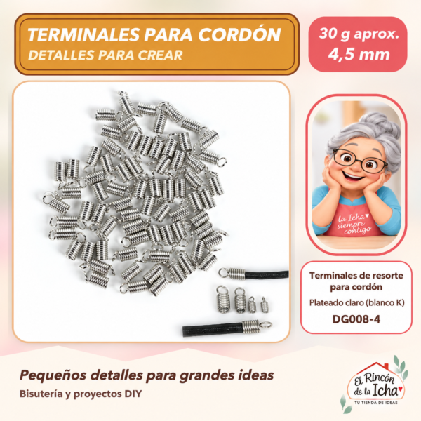 DG008-4 Terminales de resorte para cordón – Plateado claro (blanco K) – 4,5 mm – 30 g aprox.