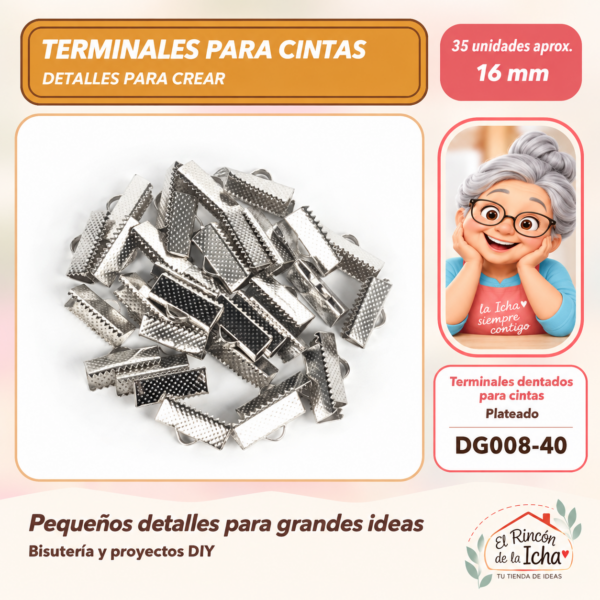 DG008-40 Terminales dentados para cintas – Plateado – 16 mm – 35 unidades aprox.