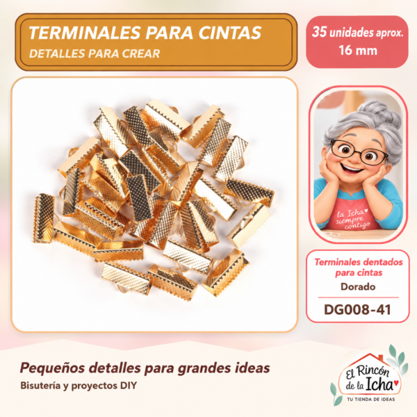 DG008-41 Terminales dentados para cintas – Dorado – 16 mm – 35 unidades aprox.